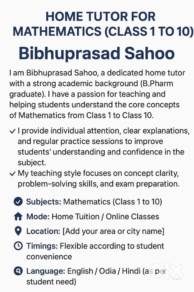Home Tutor for mathematics (class 1 - 10)