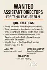 Wanted Assistant Directors for Tamil Feature Film