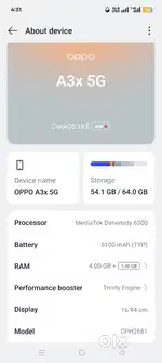 OPPO A3x   ram 4=64 battery 5000mah। 6Month old