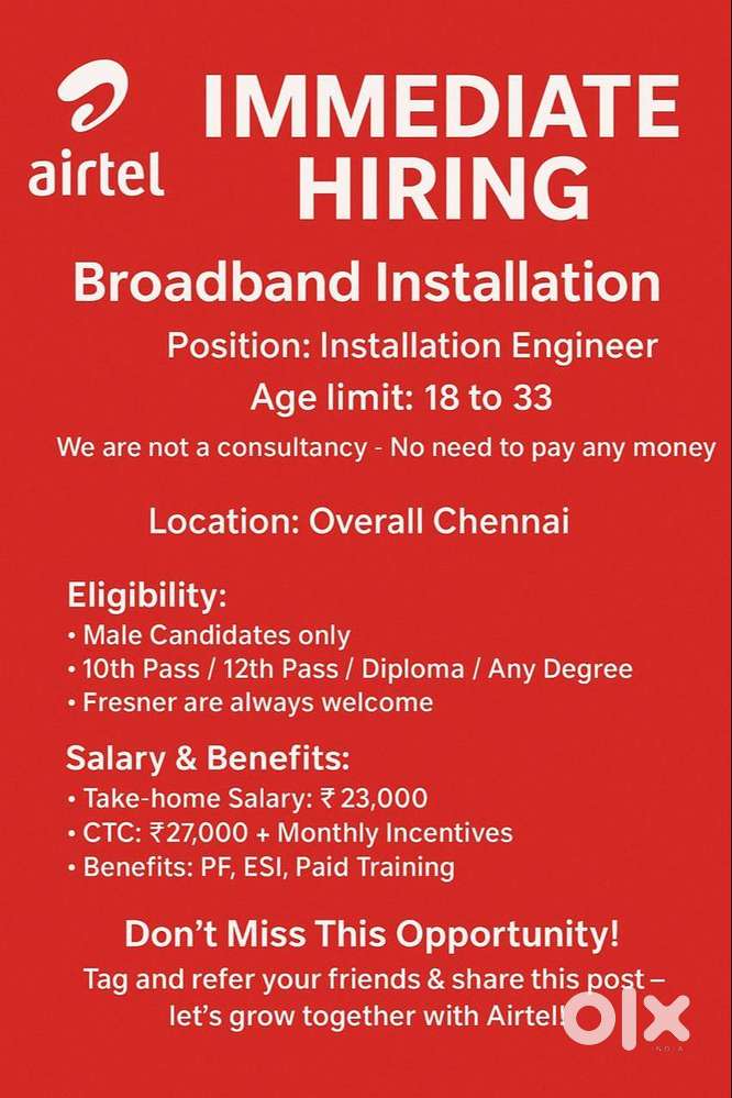 உடனடி வேலை வாய்ப்பு – ஏர்டெல் (Airtel) 10TH,12TH,ANYDEGREE