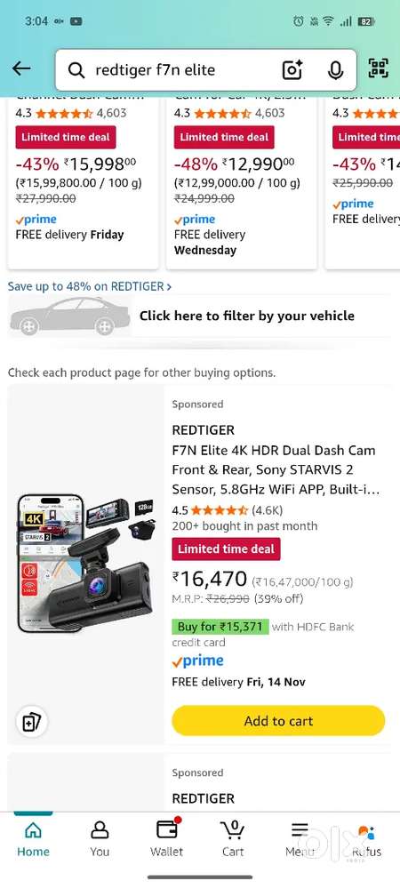 Redtiger F7N Elite 4k Dual Car Dashcam with Starvis 2 lens.