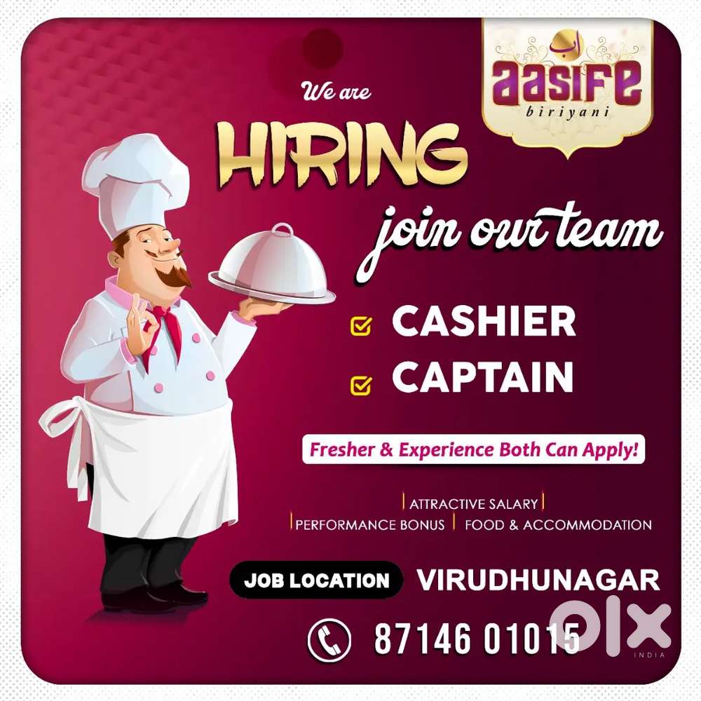 Hiring Cashier And Captain for Aasife biriyani