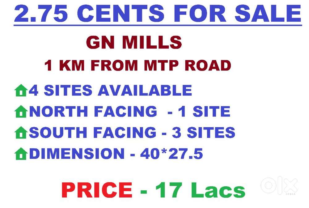 2.75, CENTS FOR SALE IN GN MILLS COIMBATORE - 1 KM FROM MTP ROAD