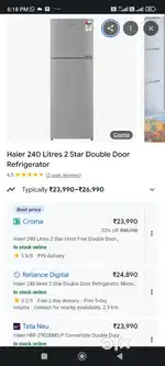 Hair unused 240 L refrigerator urgent sale