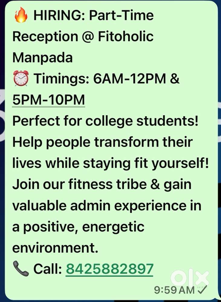 Reception/admin work in Fitoholic Raw Fitness studio