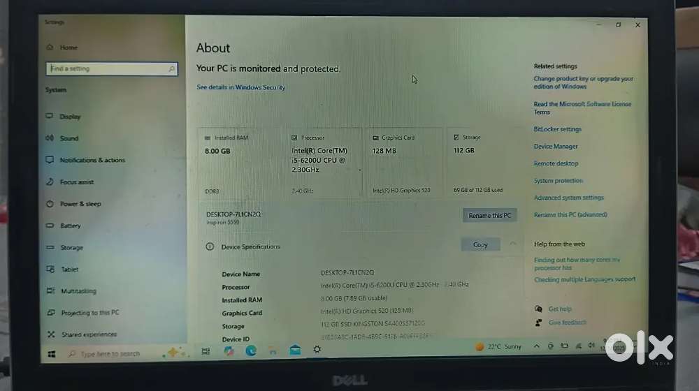 Dell Inspiron 5559 TOUCH screen  i5 6th Gen 8GB RAM 120GB SSD Working