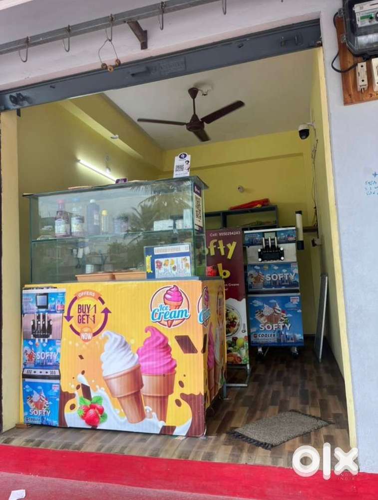 Softy machine, Fridge, Glass with Iron counter and iron shelfs