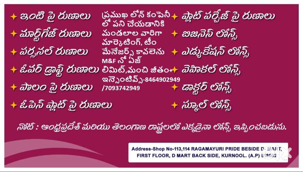 JS LOANS lo పని చేయడనికి మండలాల వారిగా మార్కెటింగ్ అధికారులు, టీమ్ లీడ
