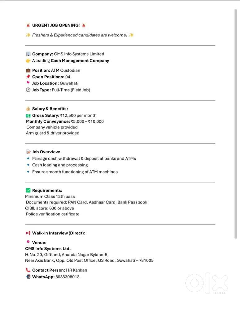 ATM Service Associate - Cash loading executive