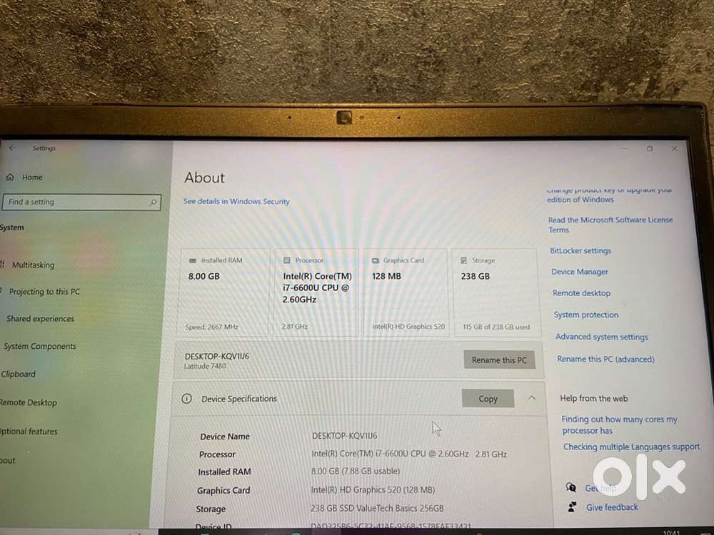 Dell Laptop KQV1IJ6, i7 Windows 10, 8GB ram, 256GB SSD storage