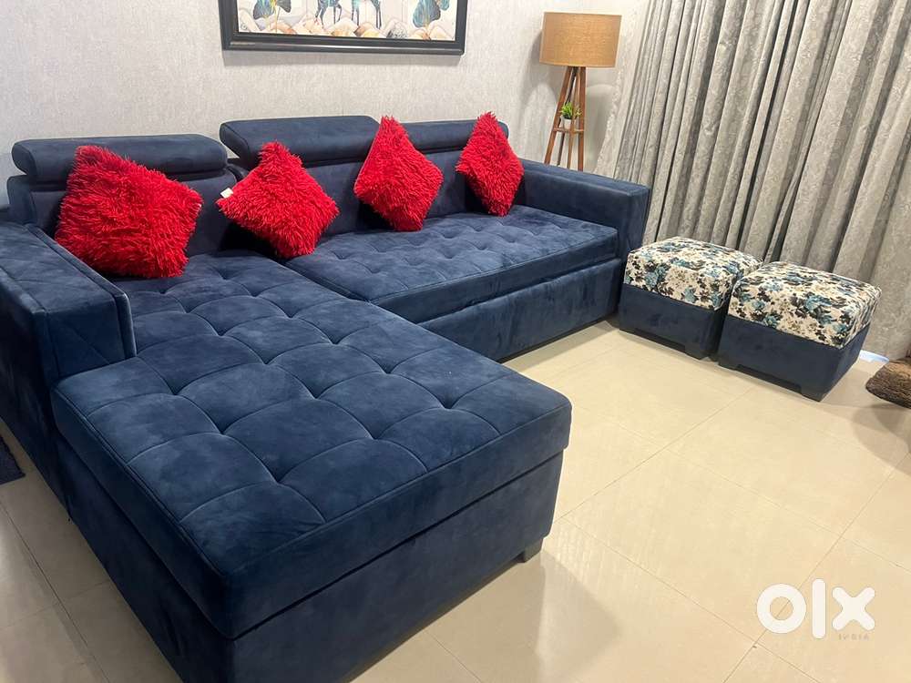 L Shape Sofa cum bed with 2 puffer chair