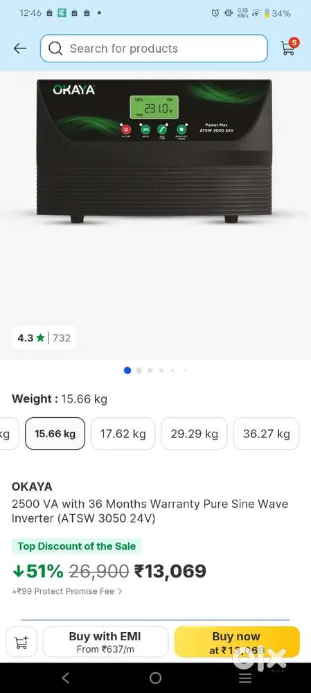 Okaya ATSW 3050 HiCapacity Inverter for Home 2500VA/24V Pure Sinewave