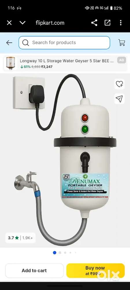 Portable geyser 1 latter modelno.rwg2025 voltage 230v/240v  power .2kw