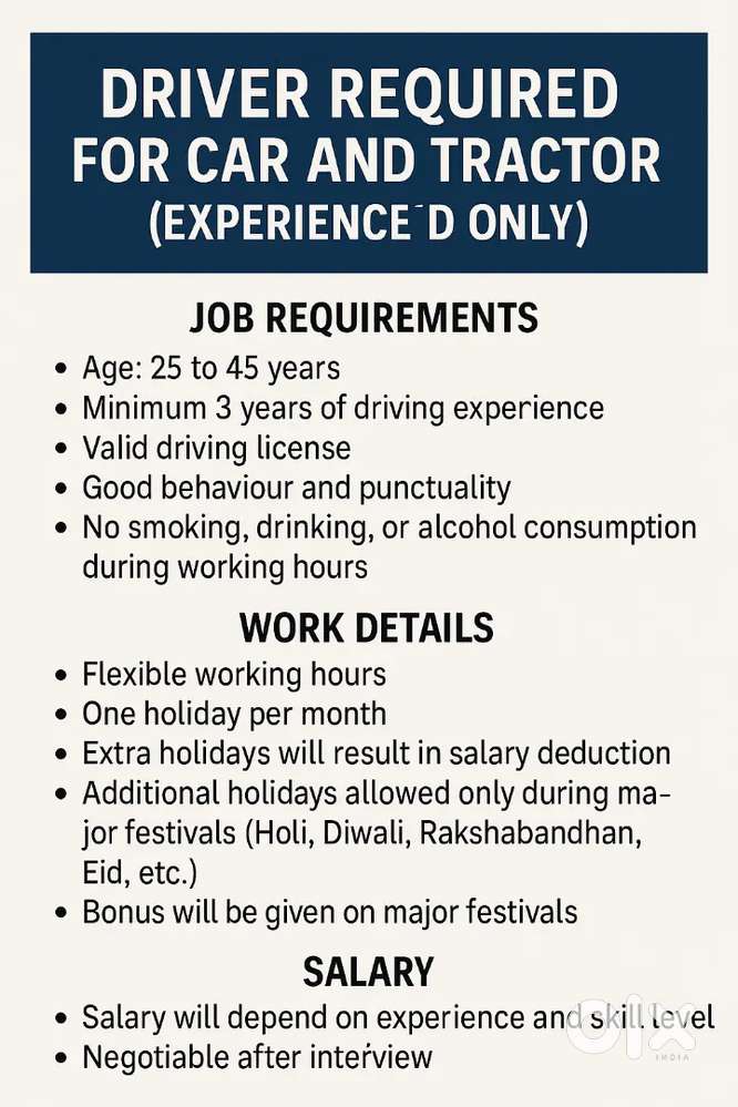 Driver Required for Car and Tractor (Experienced Only)