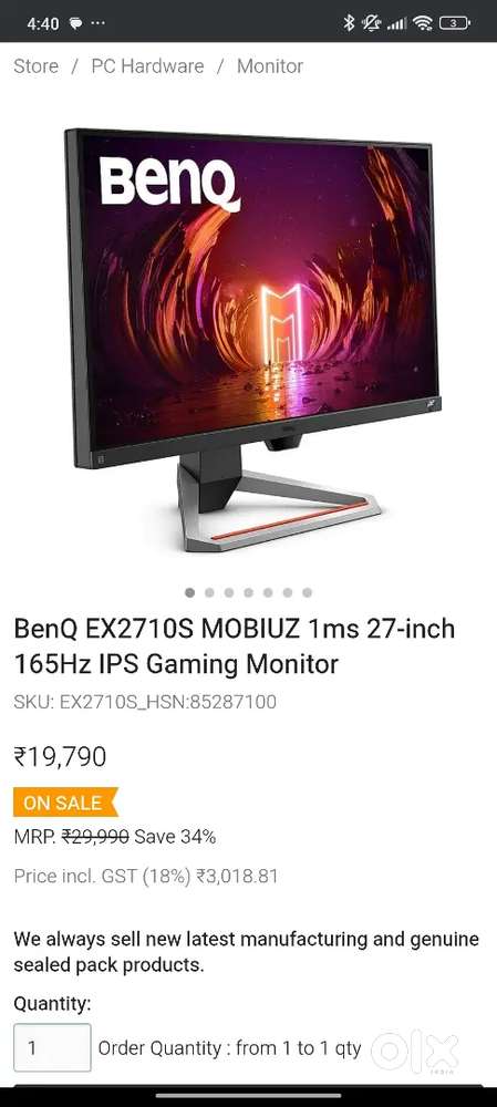 BenQ EX2710S MOBIUZ 1ms 27-inch 165Hz IPS Gaming Monitor 1 year old