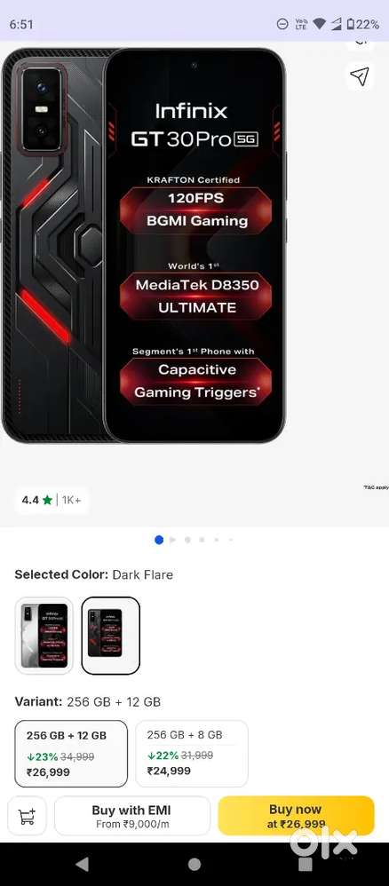 Infinix gt 30 pro 12/256 black colour 1 month old akdam new