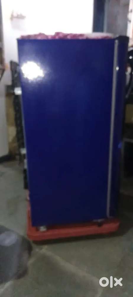 The image shows a GEM single-door refrigerator with a floral design. 