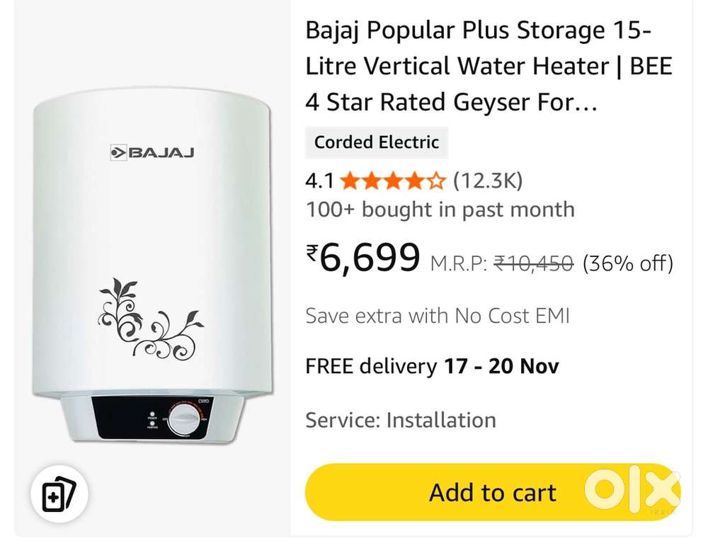 Bajaj popular plus 15 ltr geyser at 5400