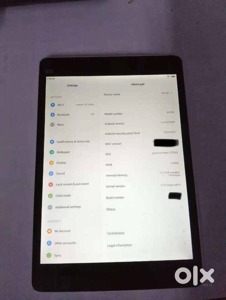 Mi pad  Ram 2 GB, memory 16 Go