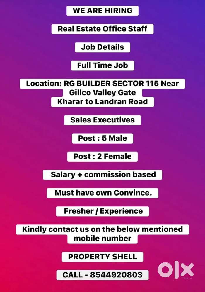 We are hiring real estate office Sale Manager Sector 115 Rg builder
