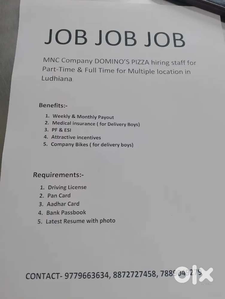 Required staff for mnc company dominos pizza