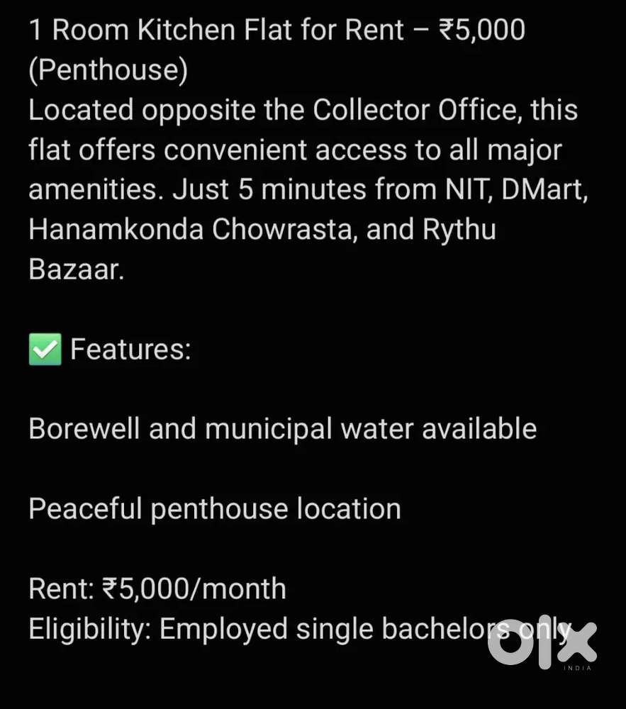 1 Room Kitchen Flat for Rent – ₹5,000 (Penthouse)