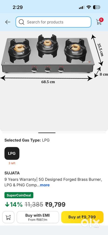 Box pack Sujata 3 burner gas stove
