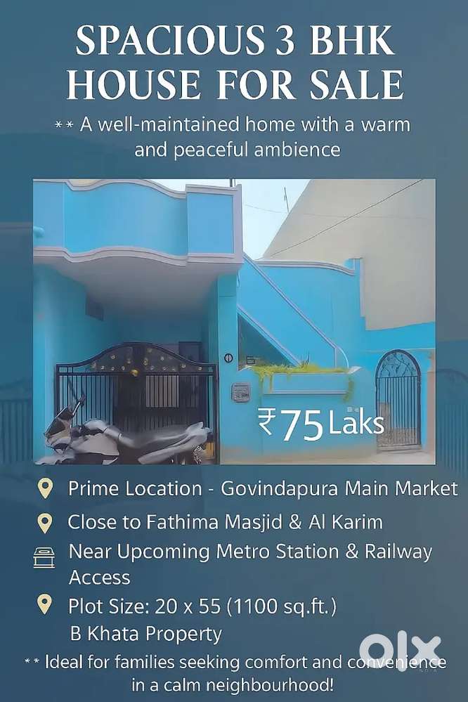 Independent 3bhk ground floor old house at Govindpura Fathima layout
