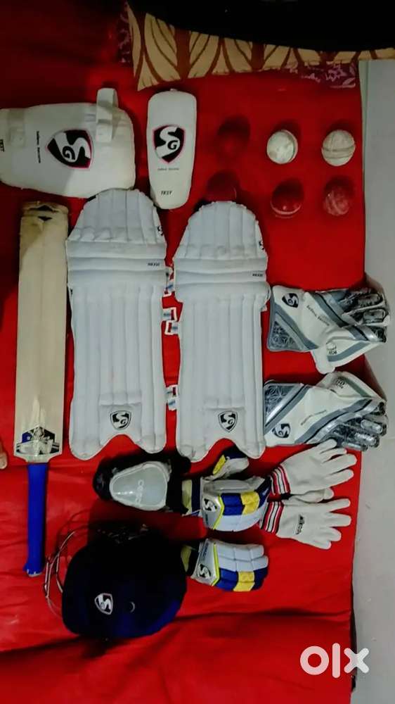 Full cricket kit +wicket keeping gloves + old leather balls