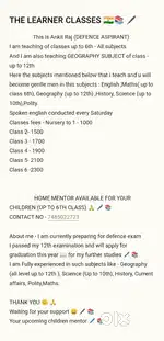 I can teach nursery to class 9 and 10 (Geography History civics Eco)