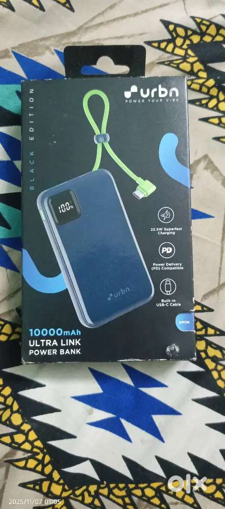 URBN 10000 mAh Power Bank (With Built-in Type-C Cable, 22.5W, Blue