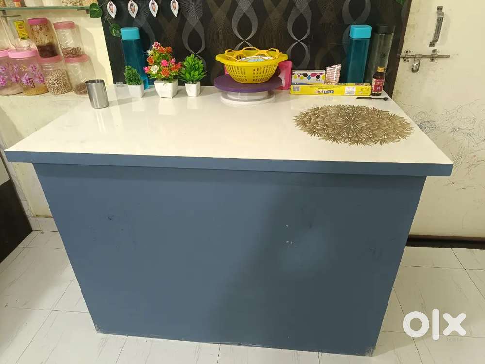 नई Kitchen Counter Table – White Top & Sky Blue  4×2.5×3 ft”