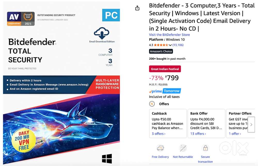 Bitdefender - 3 Computer,3 Years - Total Security  Windows  Latest V