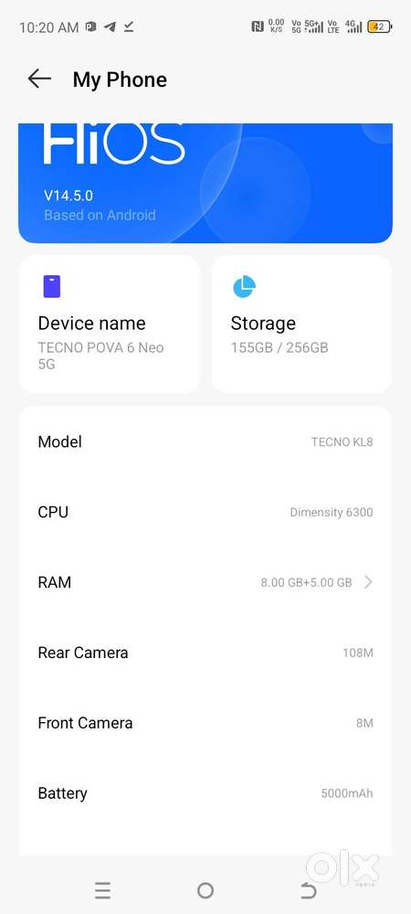 TECNO POVA 6 Neo 5G 8/256 with bill box charger skerect less