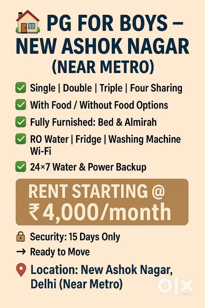 PG FOR BOYS RENT IN NEW ASHOK NAGAR