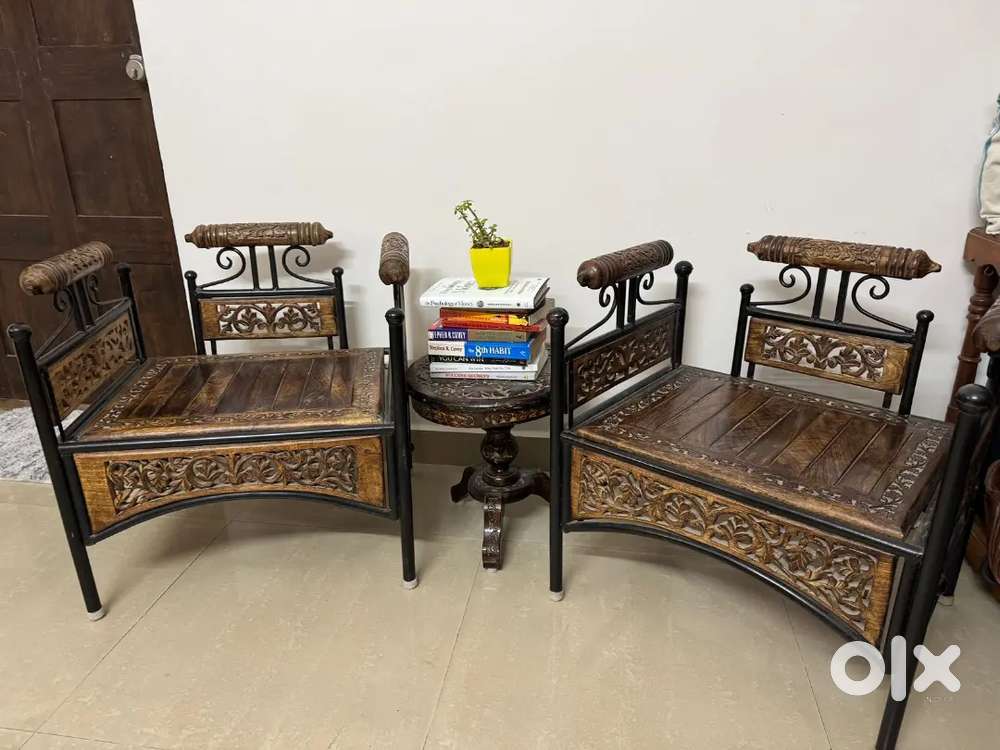 Pair of Antique Wooden Chairs with Handcrafted Design