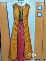 Stylish Mustard Yellow Front-Slit Ethnic Gown with Pink Brocade Inner