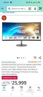 Msi 34 inch curved Monitor , VA panel, 4k , 100 mhz , 98 RGB space