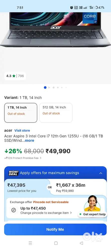 Acer laptop sell  8 month old laptop 1 emi left of 9th emi