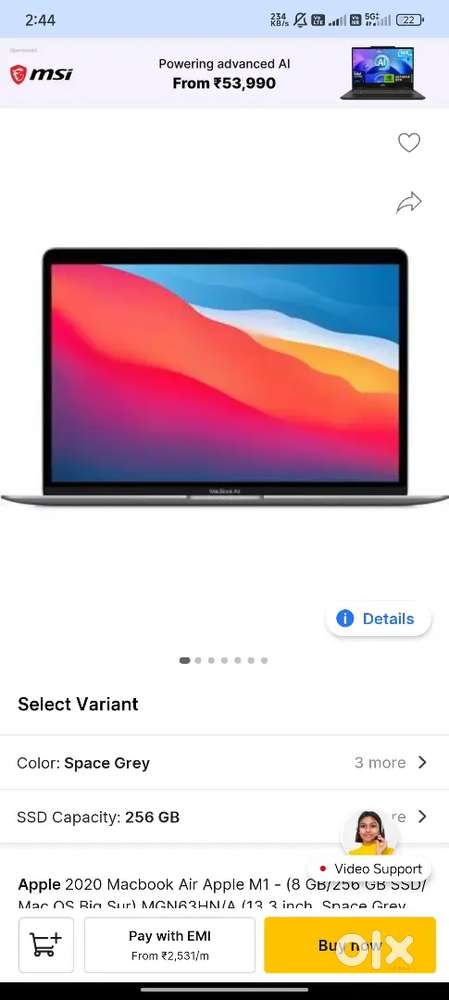 MacBook M1 2022 16 gb 256