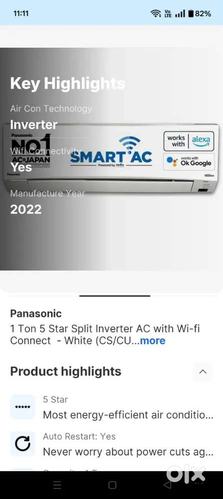 Panasonic 5 star 1 ton 2022 model smart ac