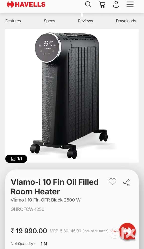 Brand New Havells Vlamo-i Heater (Open Box, Not Used Even Once)