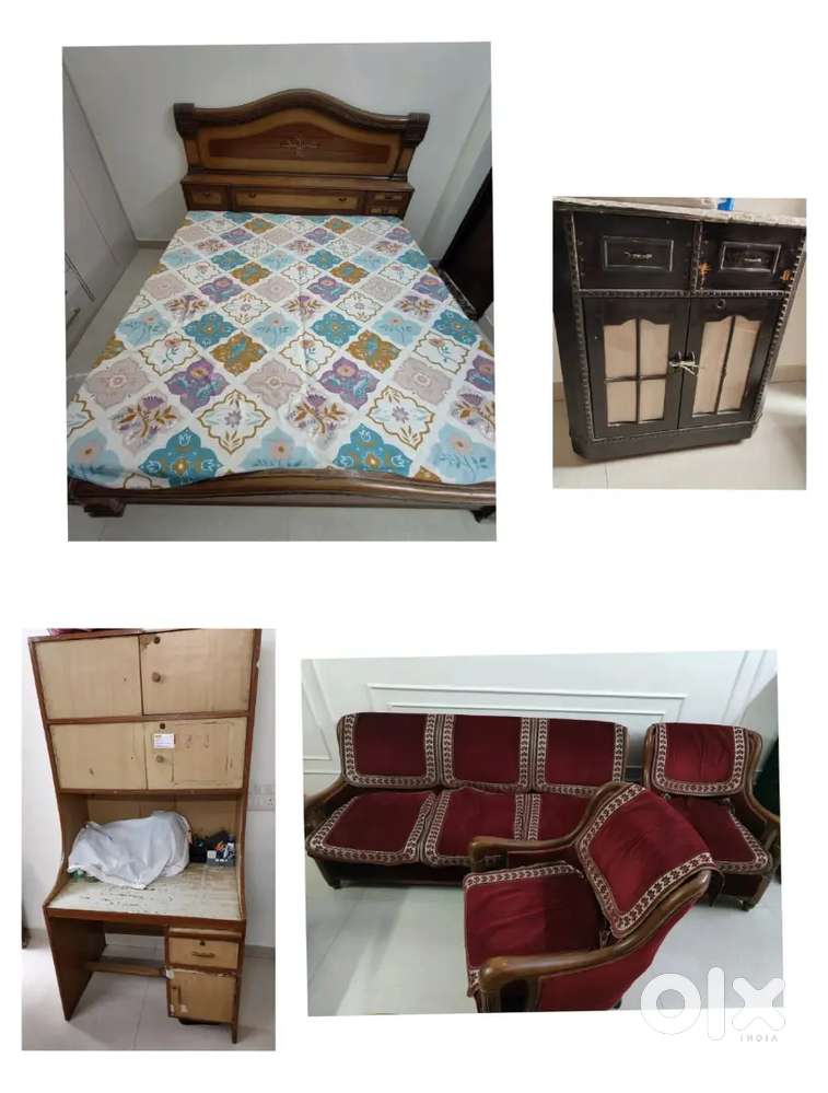 Double bed, sofa set, TV trolley and computer or study table
