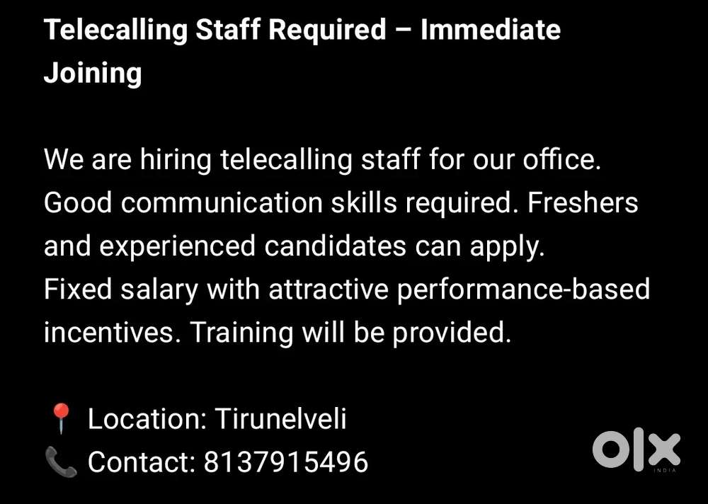 Telecalling Staff Required – Immediate Joining.