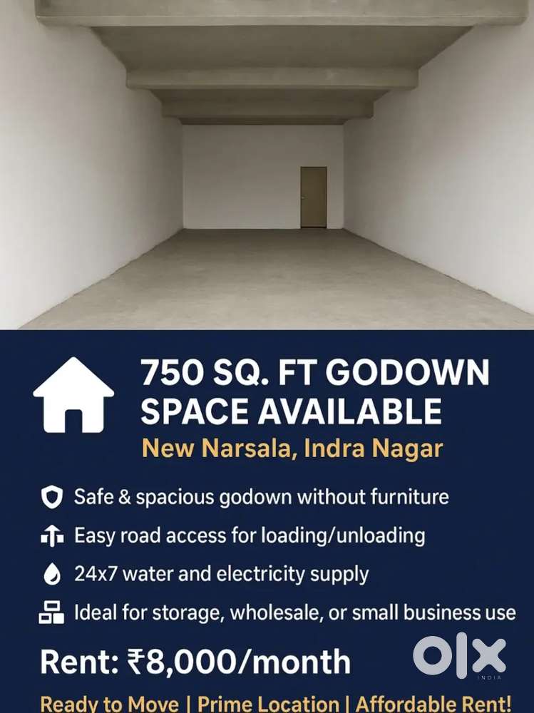750 Sq Ft Godown for Rent in New Narsala, Indra Nagar – ₹8,000/Month