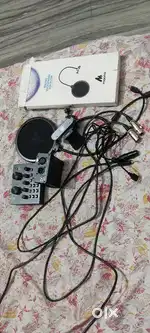 Webcam, phantom power supply, sound card, pop filter, 2 xlr cable