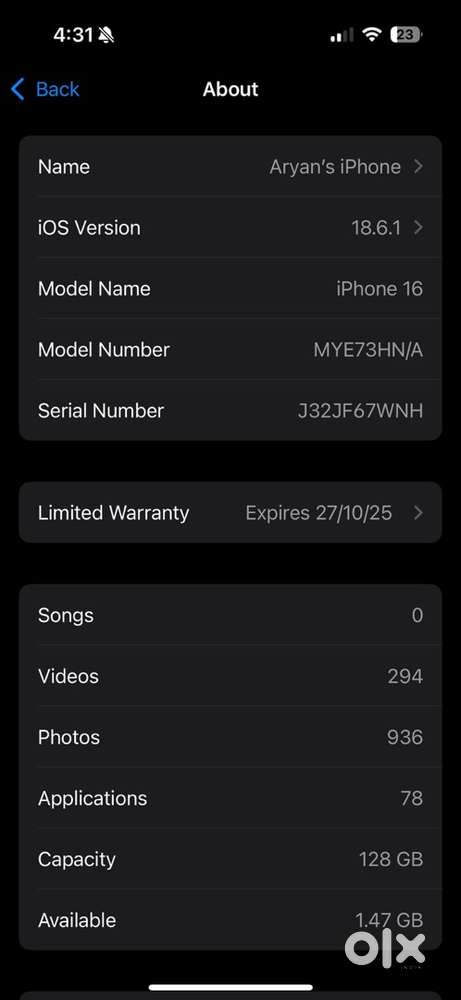 Iphone 16 128 Black colur Indian varient 1 month warranty left