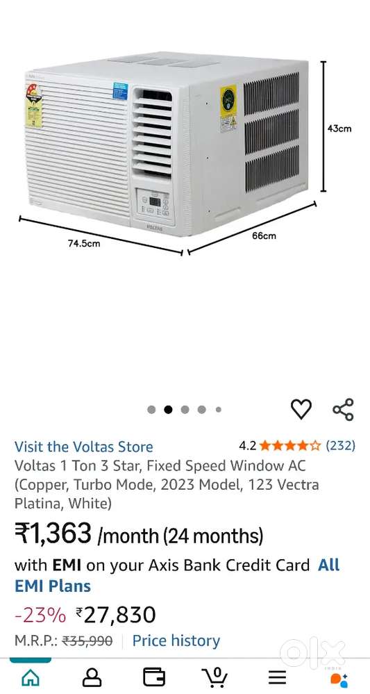 Voltas 1 Ton 3 Star Window AC  May 2023  Mint Condition  ₹20,000