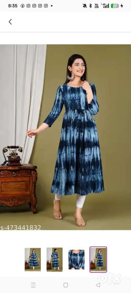 Elegant Blue Tie Dye A-Line Kurti with 3/4 Sleeves  Womens Ethnic Wear
