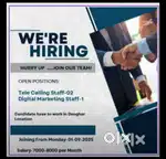 Requires 2 Telle-Caller & 1-Digital Marketing Staff